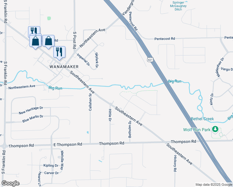 map of restaurants, bars, coffee shops, grocery stores, and more near 9304 Southeastern Avenue in Indianapolis