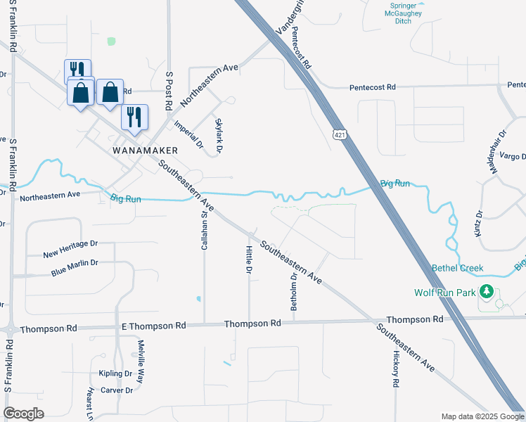 map of restaurants, bars, coffee shops, grocery stores, and more near 9304 Southeastern Avenue in Indianapolis
