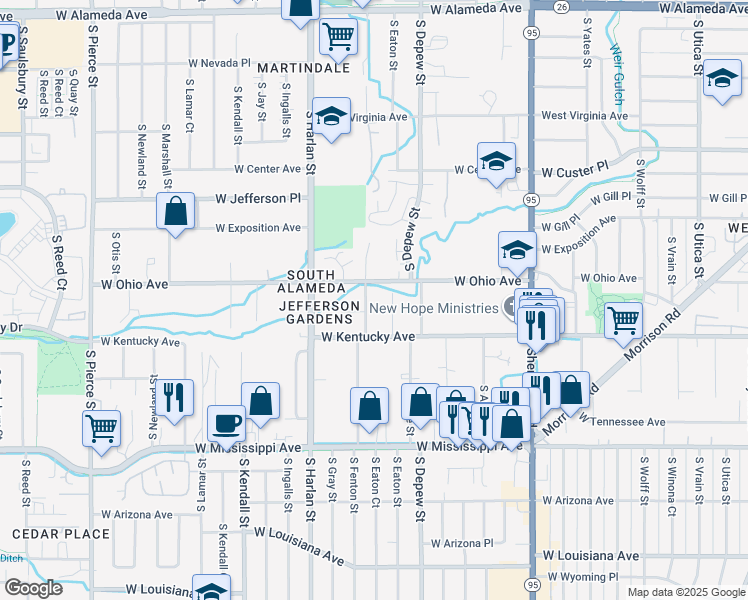 map of restaurants, bars, coffee shops, grocery stores, and more near 800 South Fenton Street in Lakewood