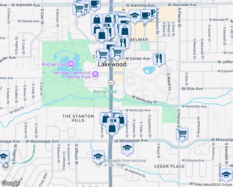 map of restaurants, bars, coffee shops, grocery stores, and more near 823 South Vance Street in Lakewood