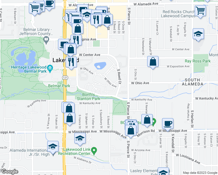 map of restaurants, bars, coffee shops, grocery stores, and more near 7247 West Kentucky Drive in Lakewood