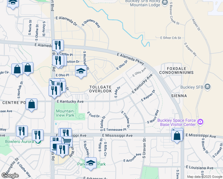map of restaurants, bars, coffee shops, grocery stores, and more near 17614 East Ohio Circle in Aurora