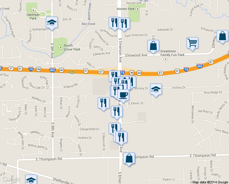 map of restaurants, bars, coffee shops, grocery stores, and more near 4520 S Emerson Ave in Beech Grove