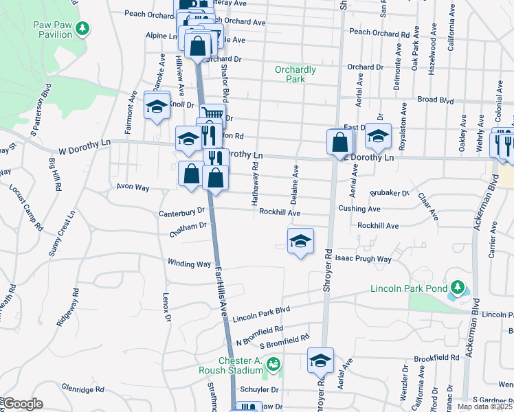 map of restaurants, bars, coffee shops, grocery stores, and more near 220 Cushing Avenue in Dayton