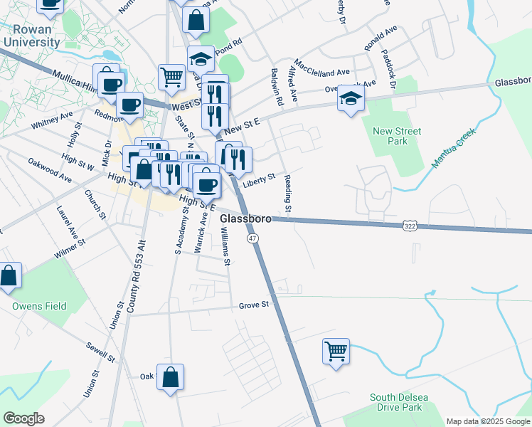 map of restaurants, bars, coffee shops, grocery stores, and more near 207 High Street East in Glassboro