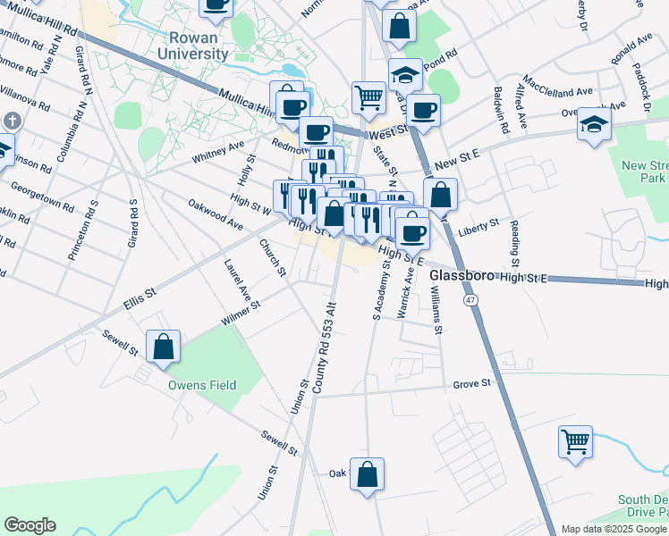 map of restaurants, bars, coffee shops, grocery stores, and more near 25C South Main Street in Glassboro