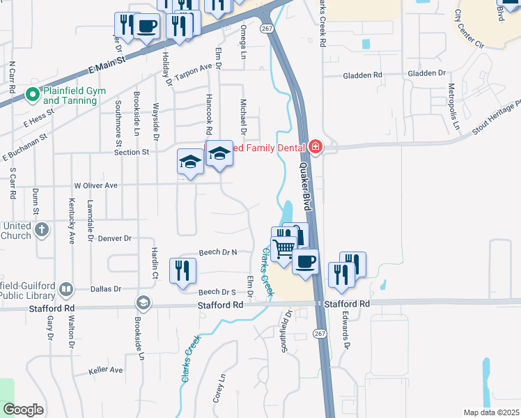 map of restaurants, bars, coffee shops, grocery stores, and more near 1821 Birch Drive in Plainfield
