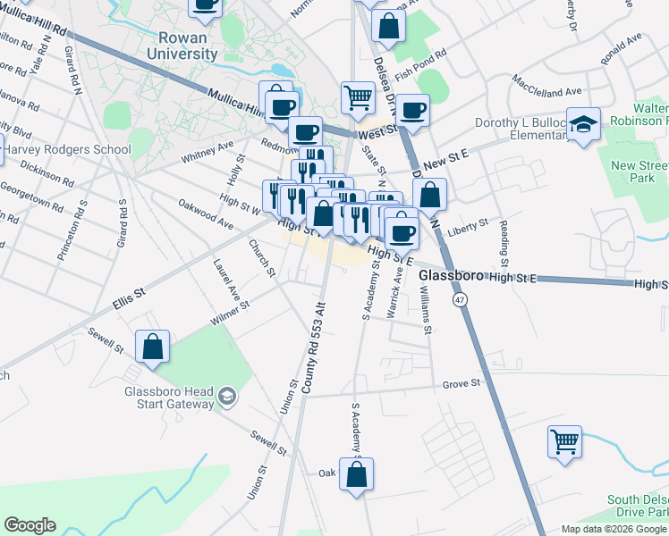 map of restaurants, bars, coffee shops, grocery stores, and more near 24 South Main Street in Glassboro