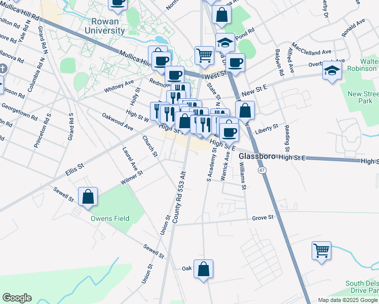 map of restaurants, bars, coffee shops, grocery stores, and more near 24 South Main Street in Glassboro