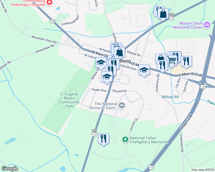 map of restaurants, bars, coffee shops, grocery stores, and more near 300 South Seton Avenue in Emmitsburg