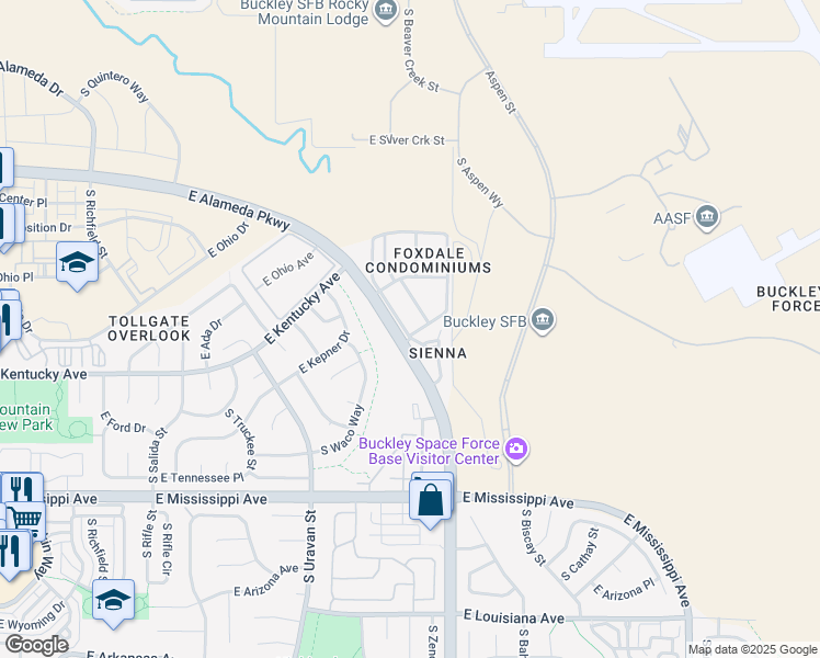 map of restaurants, bars, coffee shops, grocery stores, and more near 943 South Zeno Way in Aurora
