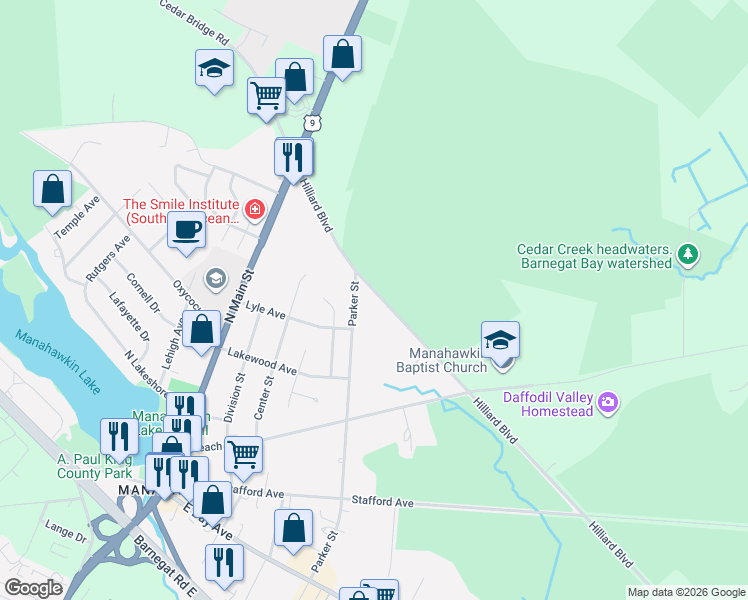 map of restaurants, bars, coffee shops, grocery stores, and more near 219 Hilliard Boulevard in Stafford Township
