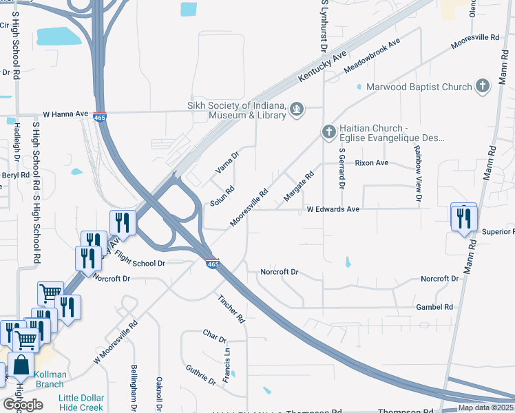 map of restaurants, bars, coffee shops, grocery stores, and more near 5435 Mooresville Road in Indianapolis