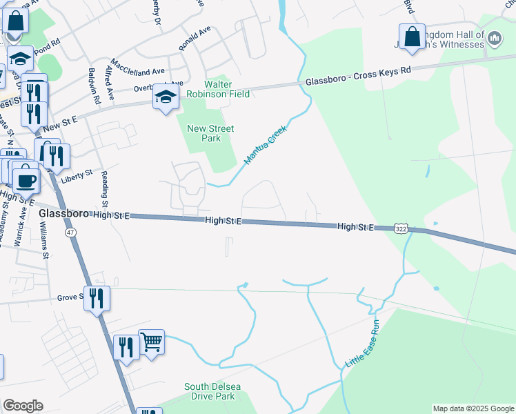 map of restaurants, bars, coffee shops, grocery stores, and more near 285 High Street East in Clayton