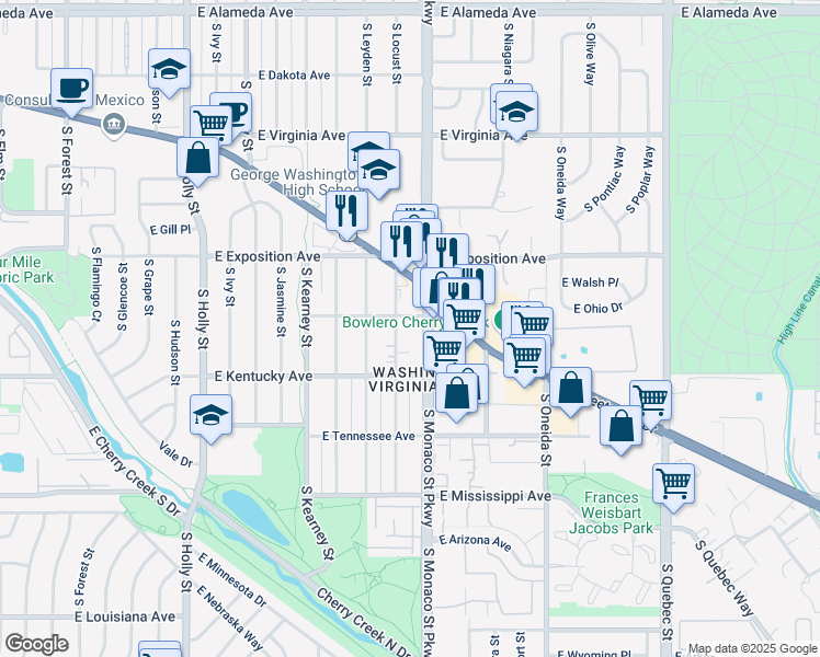 map of restaurants, bars, coffee shops, grocery stores, and more near 801 South Monaco Parkway in Denver
