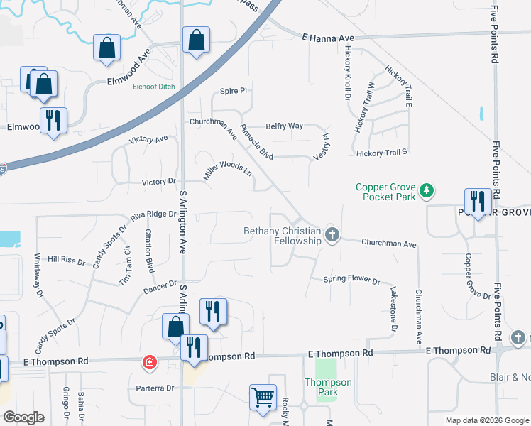 map of restaurants, bars, coffee shops, grocery stores, and more near 4511 Angelica Drive in Indianapolis