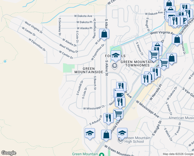 map of restaurants, bars, coffee shops, grocery stores, and more near 823 South Beech Street in Lakewood