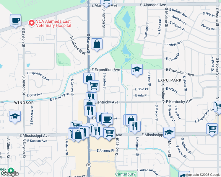 map of restaurants, bars, coffee shops, grocery stores, and more near 800 South Ironton Street in Aurora