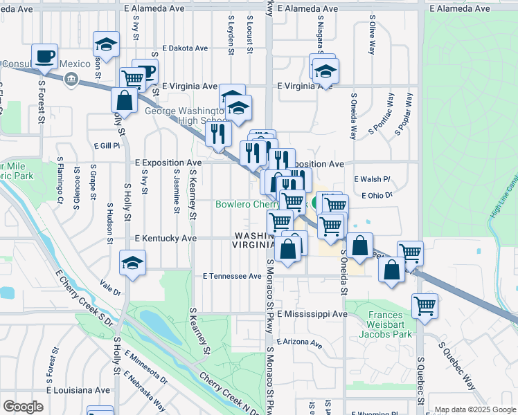 map of restaurants, bars, coffee shops, grocery stores, and more near 801 South Monaco Parkway in Denver