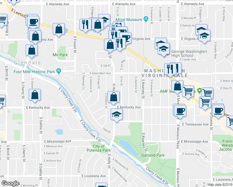 map of restaurants, bars, coffee shops, grocery stores, and more near 791 South Holly Street in Denver