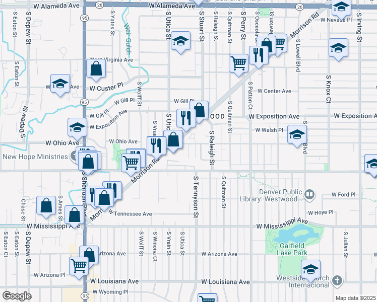 map of restaurants, bars, coffee shops, grocery stores, and more near 4410 Morrison Road in Denver