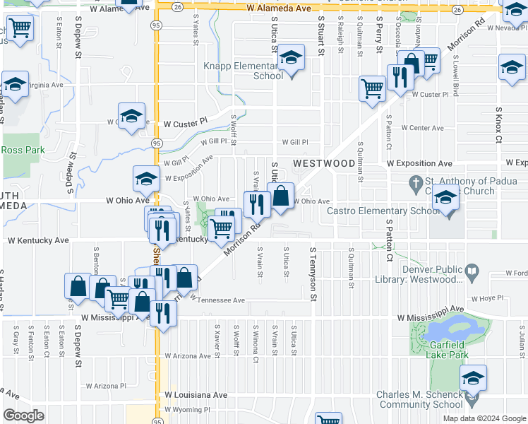map of restaurants, bars, coffee shops, grocery stores, and more near 4545 Morrison Road in Denver