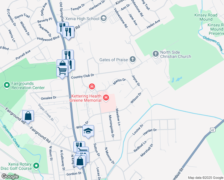 map of restaurants, bars, coffee shops, grocery stores, and more near 164 Office Park Drive in Xenia