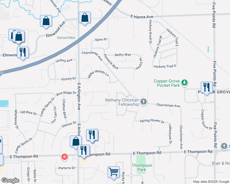 map of restaurants, bars, coffee shops, grocery stores, and more near 4511 Angelica Drive in Indianapolis