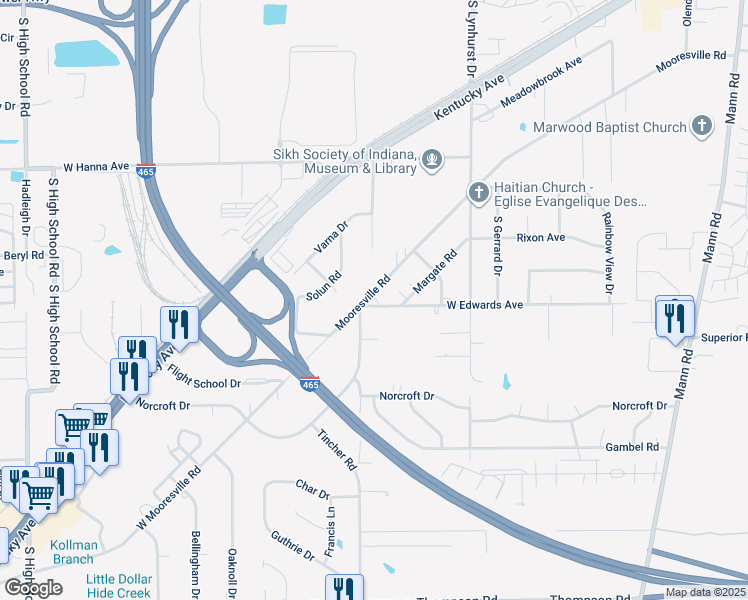 map of restaurants, bars, coffee shops, grocery stores, and more near 5435 Mooresville Road in Indianapolis