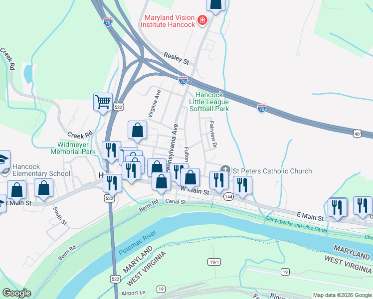 map of restaurants, bars, coffee shops, grocery stores, and more near 8 Hillside Road in Hancock
