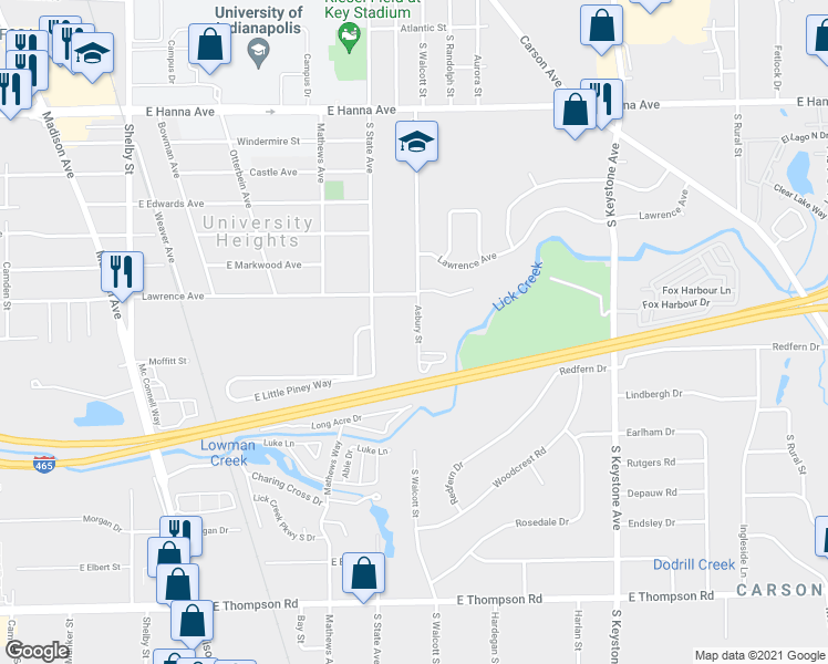 map of restaurants, bars, coffee shops, grocery stores, and more near 4380 Asbury Street in Indianapolis