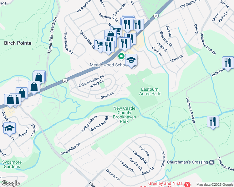 map of restaurants, bars, coffee shops, grocery stores, and more near 1st Street in New Castle County