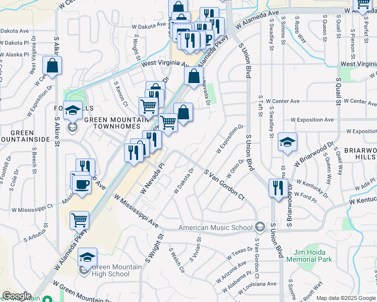map of restaurants, bars, coffee shops, grocery stores, and more near 2 South Van Gordon Court in Lakewood
