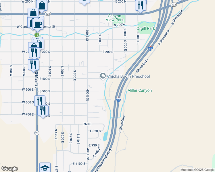 map of restaurants, bars, coffee shops, grocery stores, and more near 460 South 600 East in Nephi
