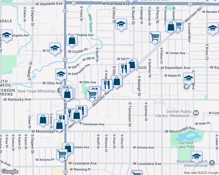 map of restaurants, bars, coffee shops, grocery stores, and more near 4545 Morrison Road in Denver