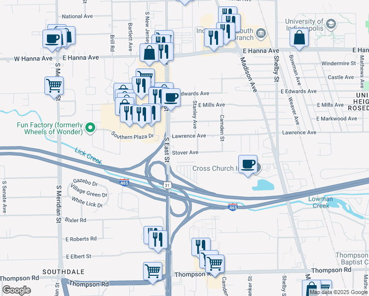 map of restaurants, bars, coffee shops, grocery stores, and more near 511 Lawrence Avenue in Indianapolis
