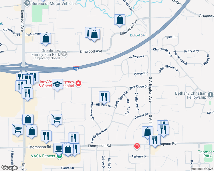 map of restaurants, bars, coffee shops, grocery stores, and more near 5616 Riva Ridge Drive in Indianapolis