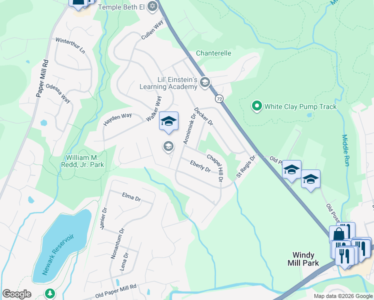 map of restaurants, bars, coffee shops, grocery stores, and more near 123 Aronimink Drive in Newark