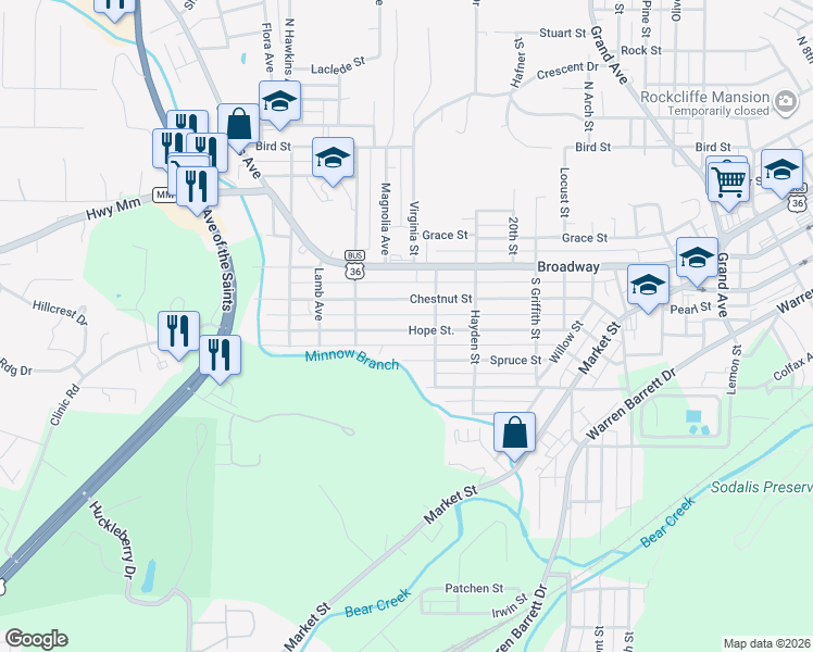 map of restaurants, bars, coffee shops, grocery stores, and more near 2310 Hope Street in Hannibal