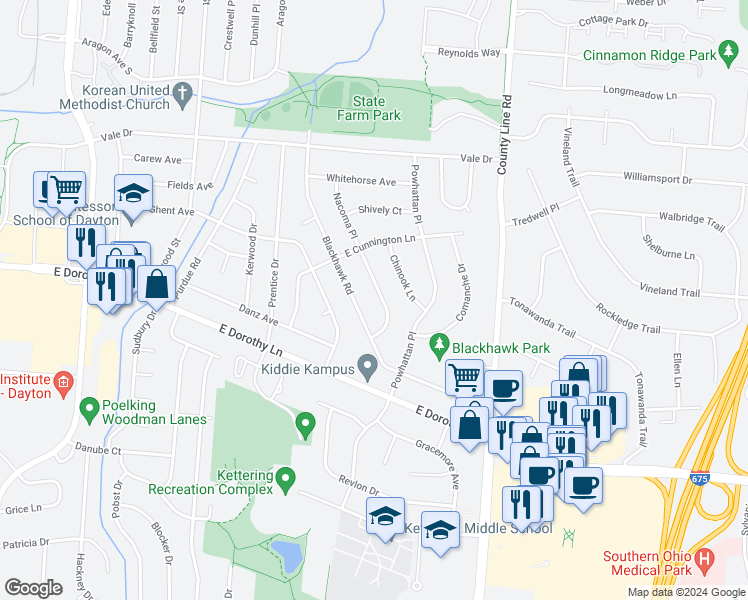 map of restaurants, bars, coffee shops, grocery stores, and more near 2829 Nacoma Place in Dayton