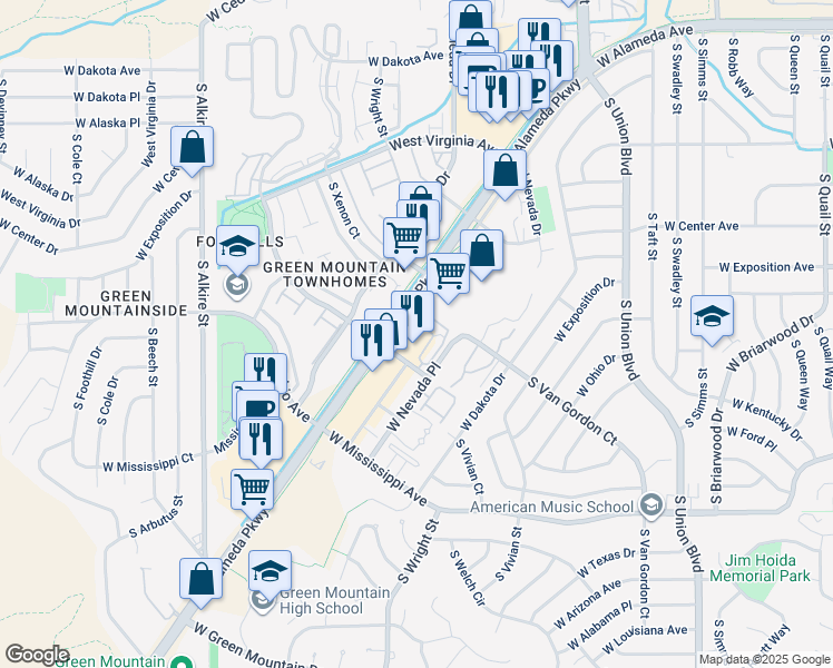 map of restaurants, bars, coffee shops, grocery stores, and more near 12790 West Alameda Parkway in Lakewood