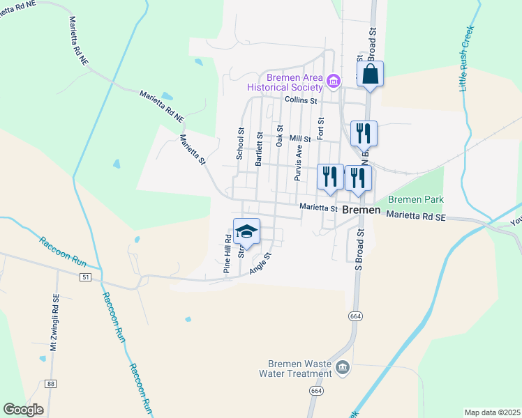 map of restaurants, bars, coffee shops, grocery stores, and more near 505 Marietta Street in Bremen