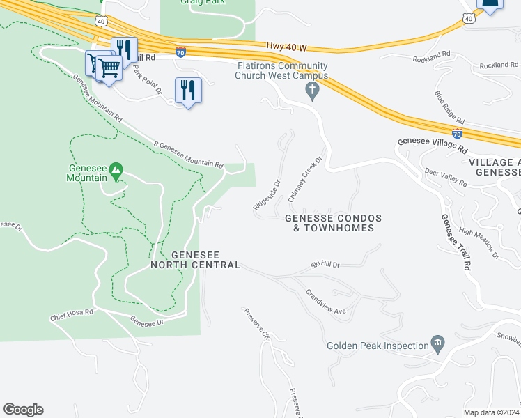 map of restaurants, bars, coffee shops, grocery stores, and more near 720 Ridgeside Drive in Golden