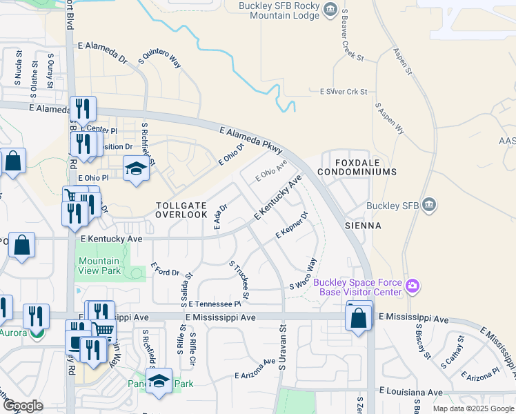 map of restaurants, bars, coffee shops, grocery stores, and more near in Aurora