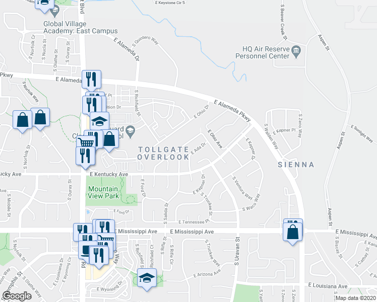 map of restaurants, bars, coffee shops, grocery stores, and more near 17614 East Ohio Circle in Aurora