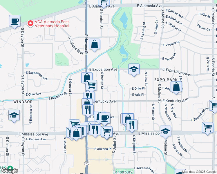 map of restaurants, bars, coffee shops, grocery stores, and more near 840 South Ironton Street in Aurora