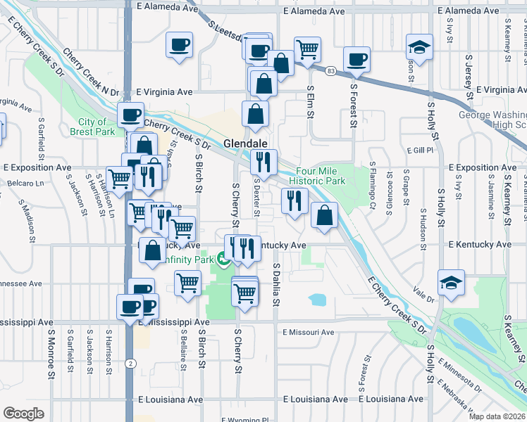 map of restaurants, bars, coffee shops, grocery stores, and more near 790 South Dexter Street in Denver