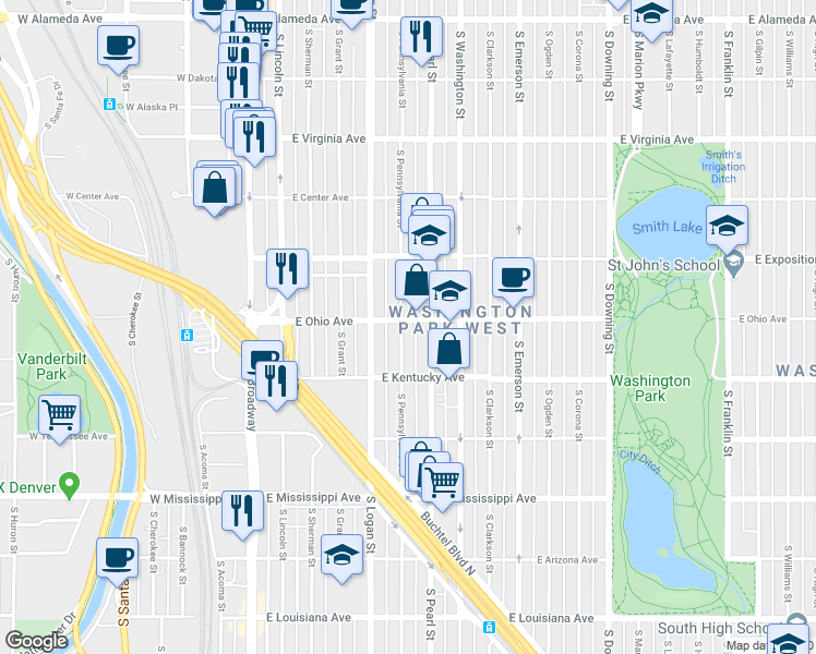 map of restaurants, bars, coffee shops, grocery stores, and more near 795 South Pennsylvania Street in Denver