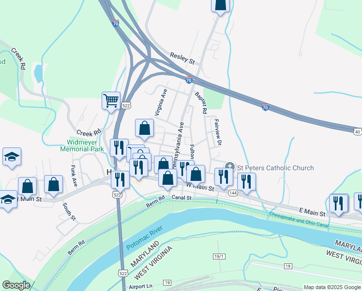 map of restaurants, bars, coffee shops, grocery stores, and more near 121 North Pennsylvania Avenue in Hancock