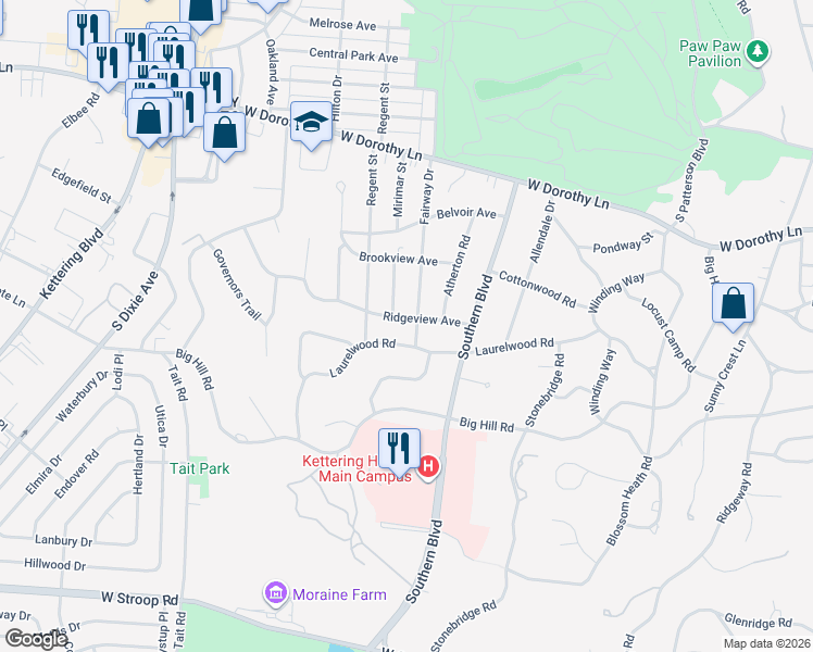 map of restaurants, bars, coffee shops, grocery stores, and more near 1208 Ridgeview Ave in Dayton